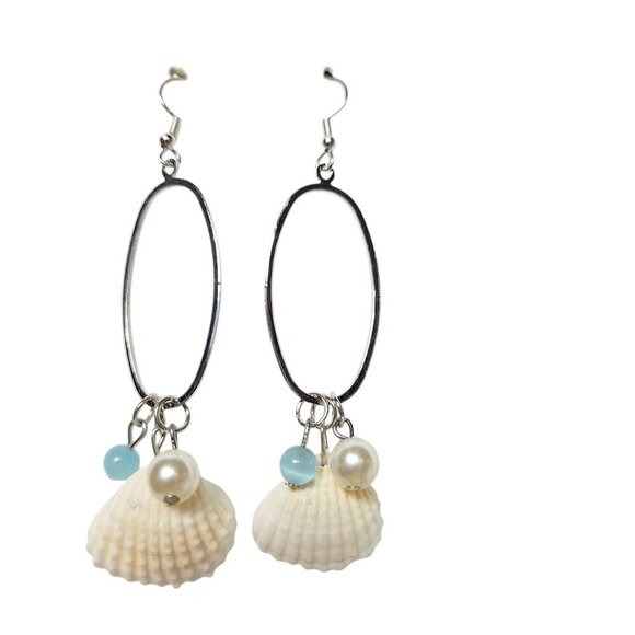 Boho Dainty White Seashell Cat's Eye Stone Pearl Beachcore Earrings Jewelry - Picture 1 of 4